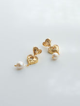 Load image into Gallery viewer, Brass Pearl Heart Drop Earrings
