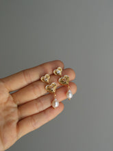 Load image into Gallery viewer, Brass Pearl Heart Drop Earrings
