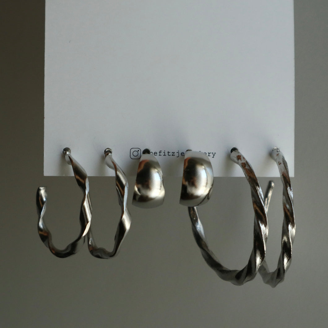 3pcs Silver Rough Cuff Earrings Set